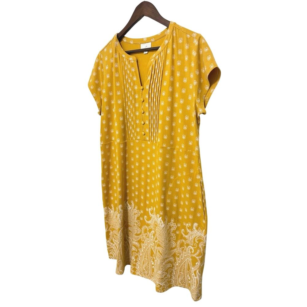 J.Jill Women’s Mustard Yellow Paisley Border Print Knit Dress L Pockets Stretch - Picture 3 of 11